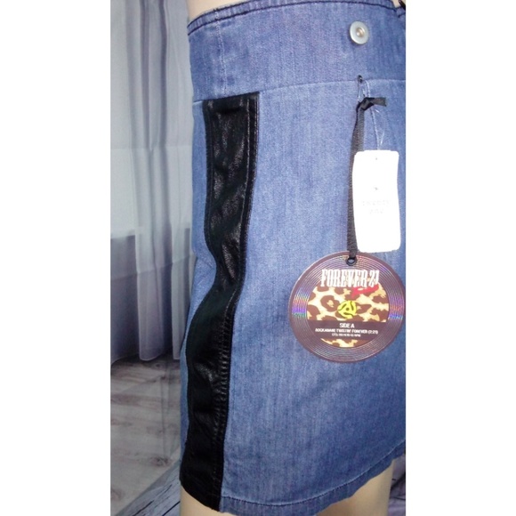 High waist denim jean corset leather panel skirt - Picture 4 of 6